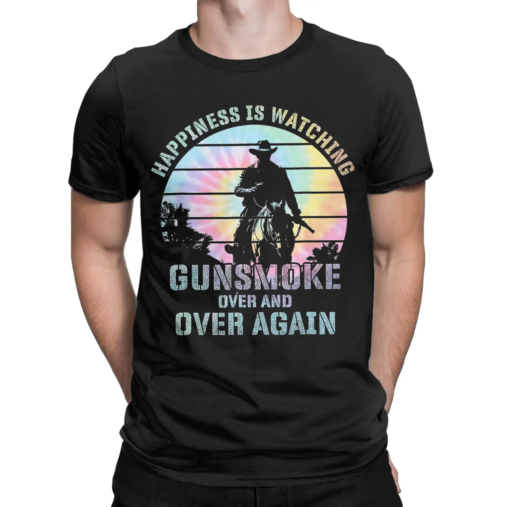 Men's T-Shirts Happiness Is Watching Gunsmoke Over And Over Again Funny Cotton Tees Short Sleeve  T Shirts Crew Neck Clothes