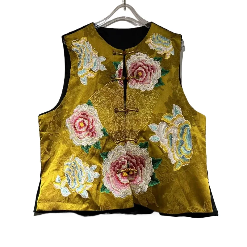 

2025 Spring Summer Women Embroidery Vintage Dobby Flower Gold Vest Coat , Woman Imitation Silk Jacquard Floral Vests Coats