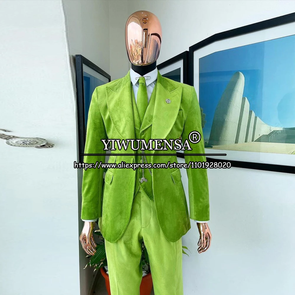 

BANQUET Suits Men Preppy Style Traje De Novio Para Boda Green Velvet Groomsman Evening Party Dress Tailored Made Blazer Sets