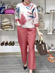 Elegant OL Work Pant Sets ZANZEA Summer 2PCS Women Tracksuit Fashion Short Sleeve Printed Blouse Trousers Suits Matching Sets