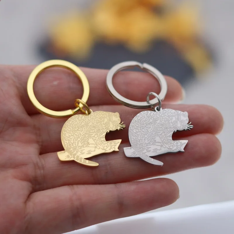 Punk Keychain Ocelot South American Wild Cat Stainless Steel Keychain for Women Men Jewelry Kids Gifts Key Bag Deco Accessories