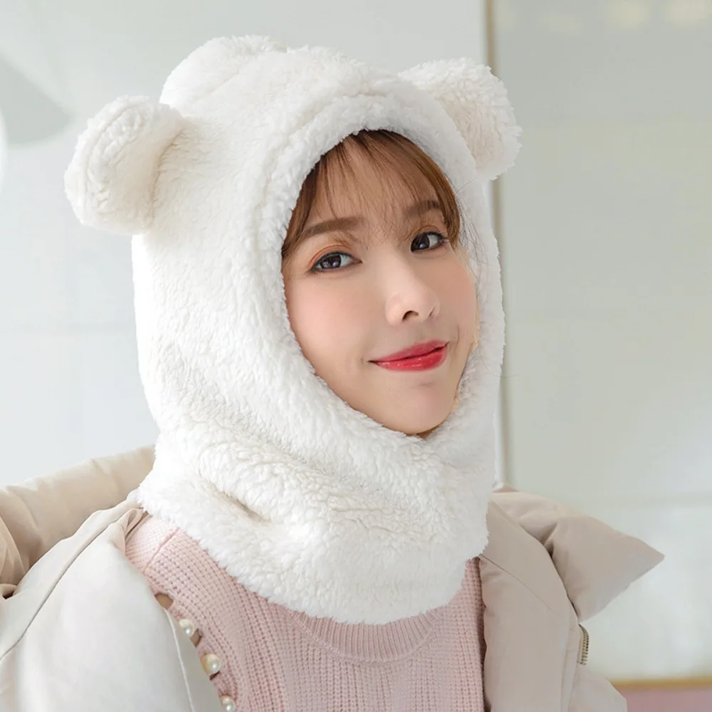 

Fashion Cute Bear Ear Hat Scarf Cartoon Korean Style Winter Warm Hedging Cap Solid Color Windproof Plush Hat Scarf Outdoor