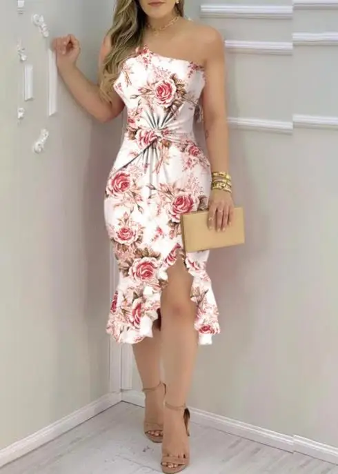 

2025 New Summer Floral Print Twisted Ruffle Edge Temperament Tight Fitting Dress for Women