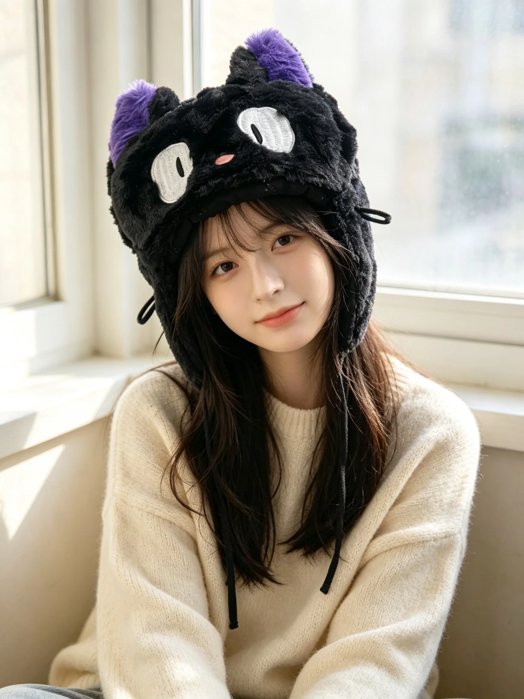 Cute black cat plush ear protection hat with plush insulation in winter, Lei Feng hat with cartoon tie windproof skiing hat