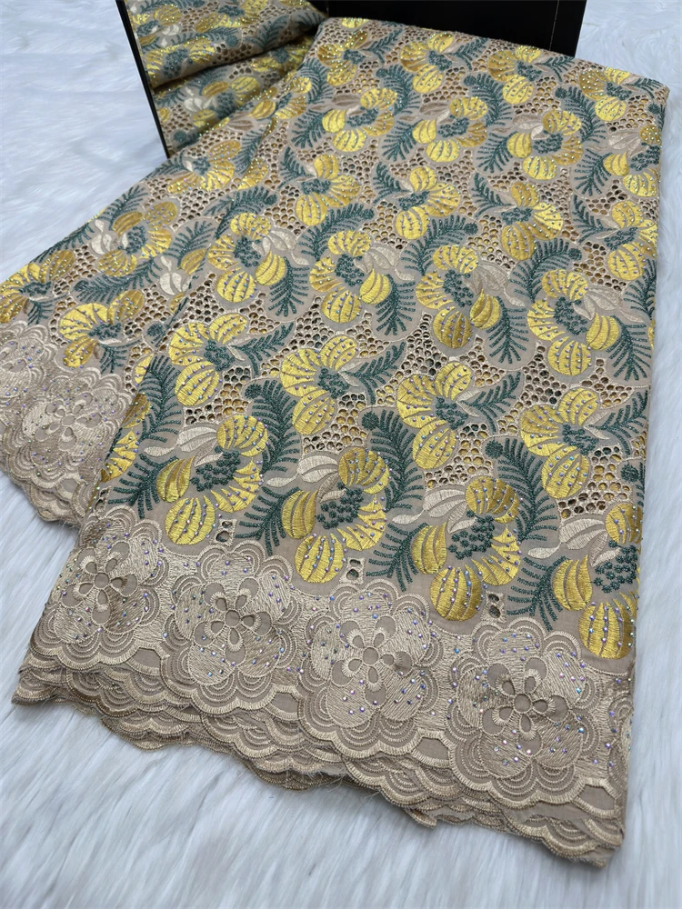 

New Pure Swiss Voile Lace 100% Cotton Flower Embroidered With Stones Lace Fabric For High Quality Nigerian Women Dress 5 Yards