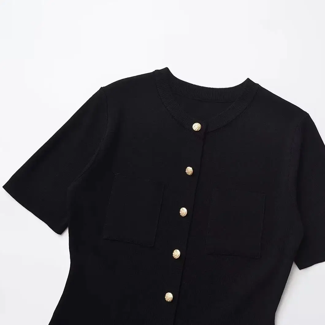 XNWMNZ-فستان قصير أنيق بجيب محبوك ، فستان قصير ضيق للخريف والشتاء ، مزين بأزرار ذهبية #6