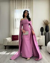 Scoggins Purple Chiffon Off-The-Shoulder Neckline Long Sleeves Floor-Length Evening Dress Zipper Up Wedding Party Dress Elegant