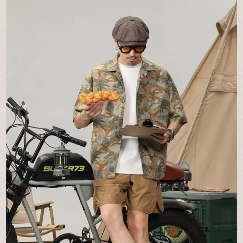 

Мужской комплект из рубашки и шорт: кубинский воротник, горный стиль, для активного отдыха, быстросохнущий, из ледяного шелка