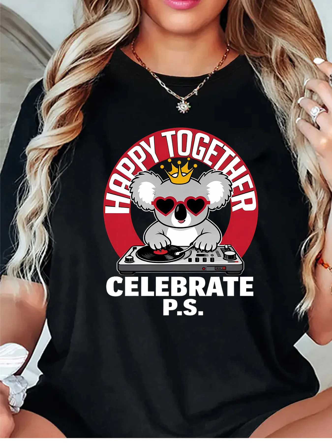 Womens O Neck Short Sleeve T Shirt Happy Together DJ Koala Crown Heart Sunglasses Music Slogan Graphic Casual Ladies Tops