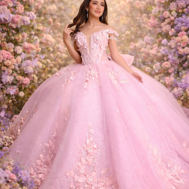 

Pink Shiny Princess Sweet 16 Dress Quinceanera Dresses Applique Flower Beading Crystal Corset Tull Party Birthday Vestidos 15