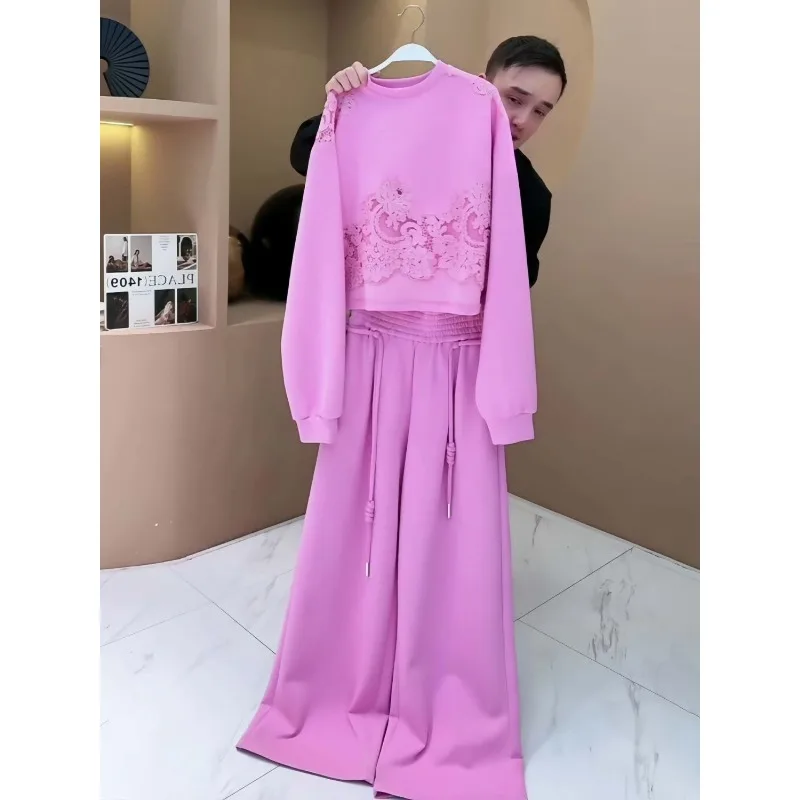 Conjunto de dos piezas de suéter con empalme de encaje, versión coreana, reducción de edad, temperamento Simple, explosión de principios de otoño