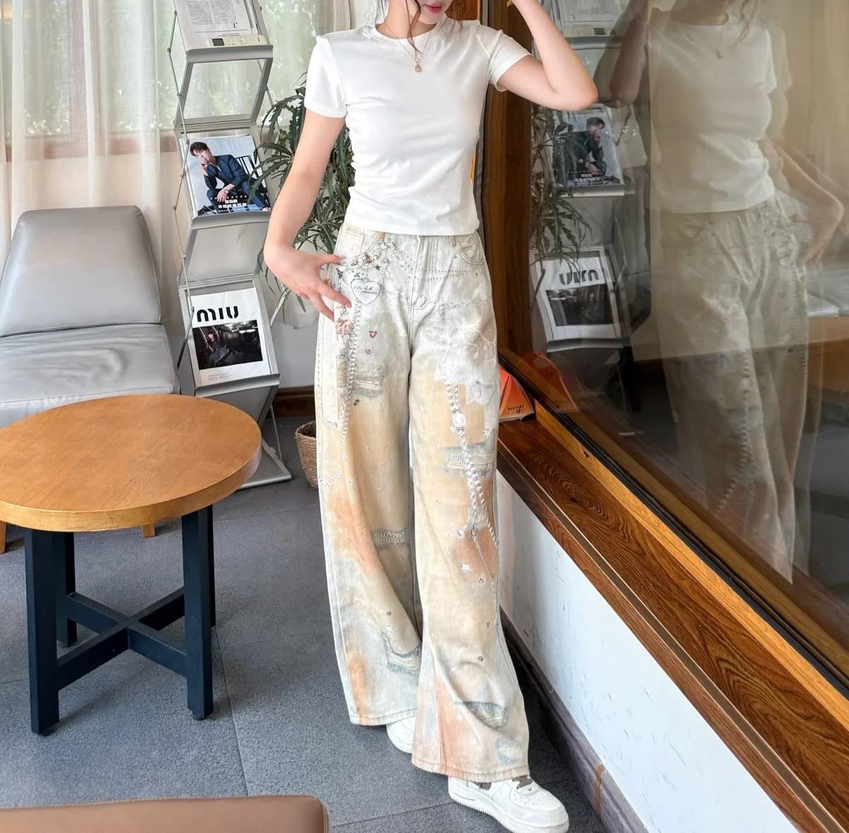 ストレートジーンズ女性トレンディなレトロチェーンプリントデザインワイドレッグパンツルーズヒップスターデニムパンツ高級オリジナル原宿 2025