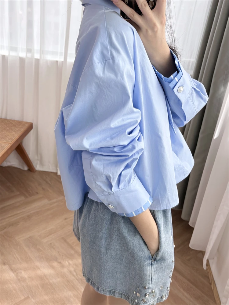 

New 2024 High Quality Women Cropped Tie Shirt Loose 100% Cotton Polo Collar High Street Chic Stunning Fashion Design Trendy M