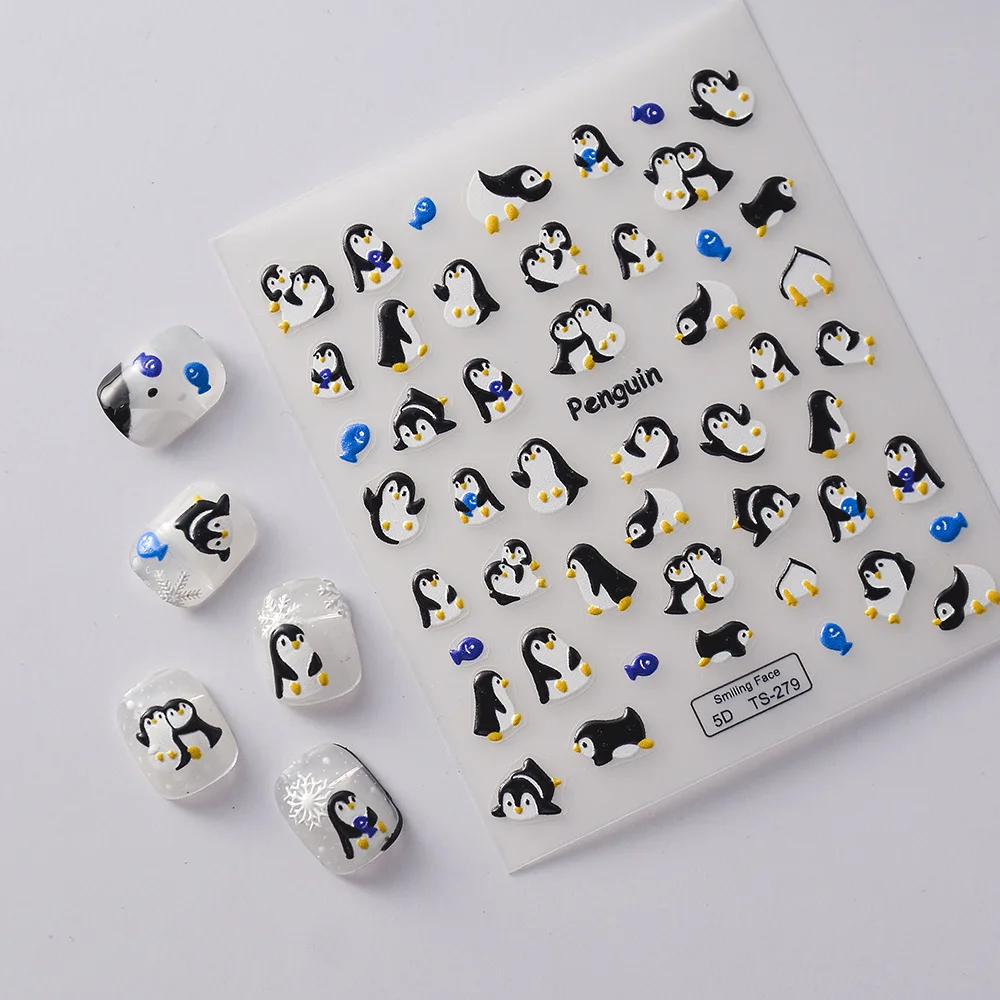 Penguin 5D Chibi Black White Cute Kawaii Cartoon Anime Nail Stickers Faux Ongles Reutilisable Nail Tattoo Wrap Nail Decor