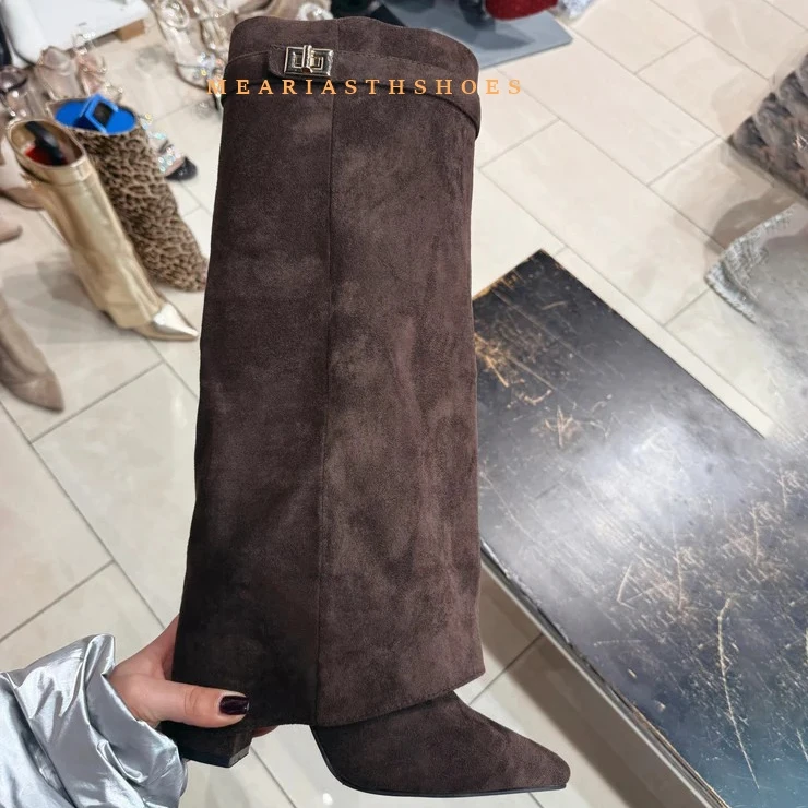 

Women's Chunky Heel Knee High Boots Pointed Toe Black PU Leather Long Boots Women Autumn Winter 2025 Fashion Shark Botas Mujer