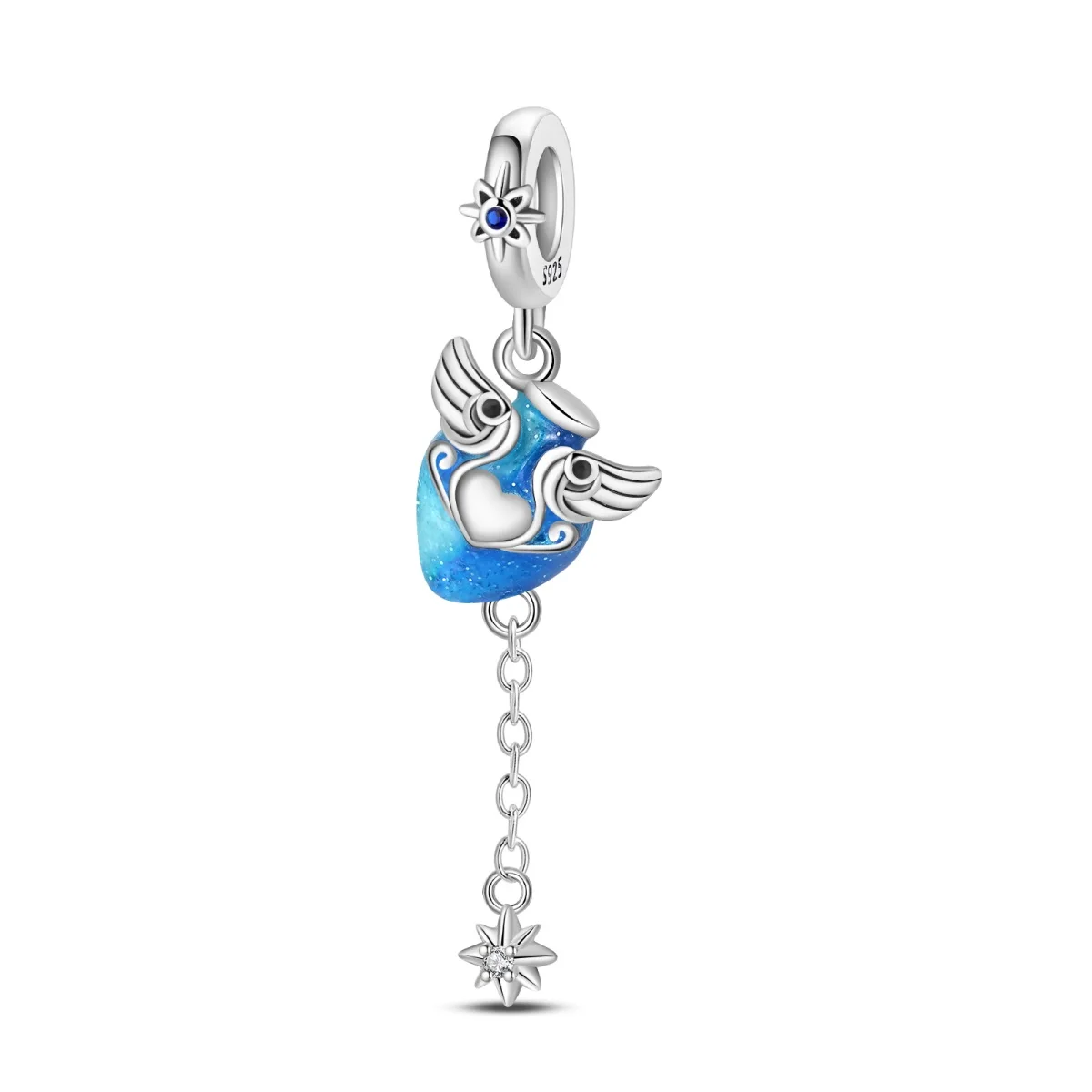 925 Sterling Silver Glow In The Dark Winged Heart Charm Blue Glitter Galaxy Enamel Angel Heart Pendant Fit Bracelet Jewelry Gift