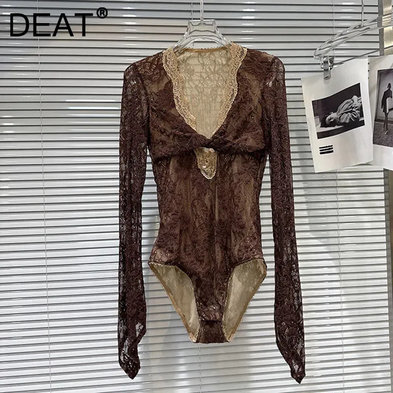 DEAT 2026 Primavera Nuova Moda Con Scollo A V Twist Design Slim Fit Body Per Le Donne Versatile Manica Lunga Top In Pizzo Femminile 11A08424
