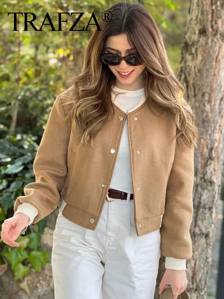 

TRAFZA 2024 Autumn Women Fashion Solid Bomber Jacket O Neck Female Loose Single Breasted Outercoat High Street Casual Woman Coat