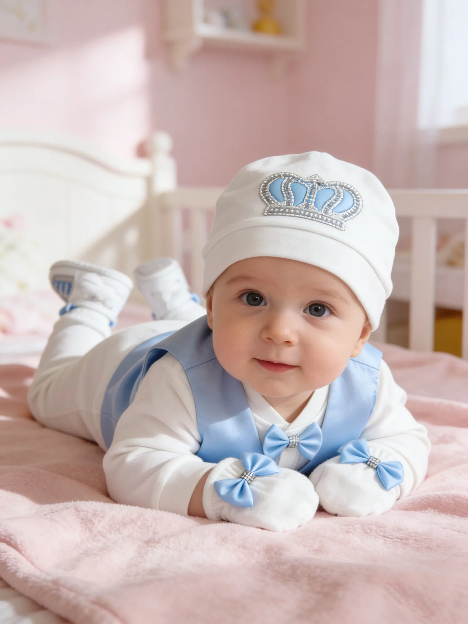 baby-boy-white-blue-crown-outfit-set-satin-vest-cotton-romper-hat-mittens-newborn-formal-wedding-photo-shoot-gift