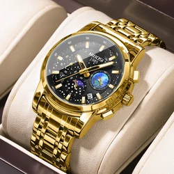 NIBOSI Luxury Quartz Watch For Men Moonswatch Calendar Stainless Steel Wristwatch Waterproof Luxury Man Watch Relogio Masculino