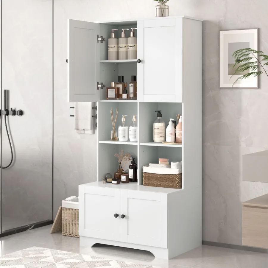 

Tall and Wide Bathroom Floor Storage Cabinet Bathroom Storage Unit Freestanding Cabinet with 4 Doors Adjustable Shelves Open mu