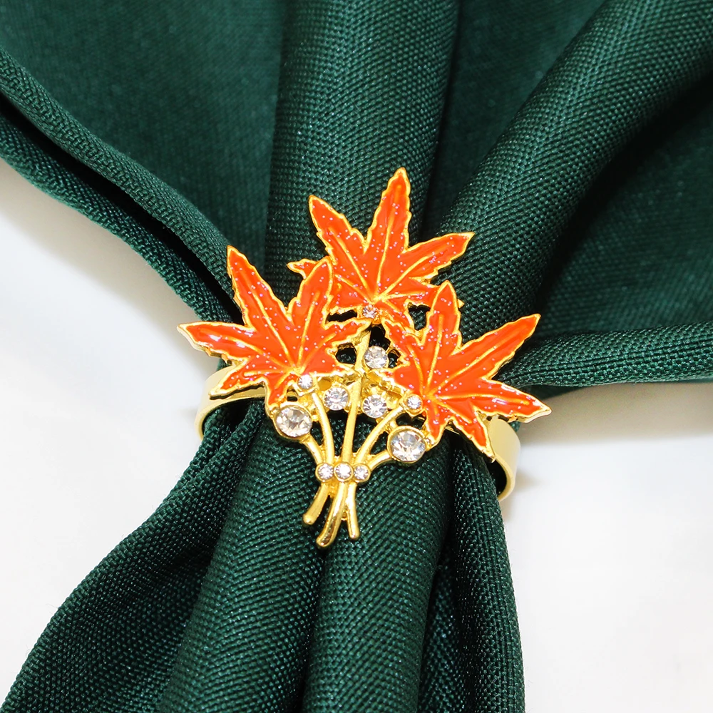 6Pcs Orange Maple Leaf Napkin Rings Metal Napkin Ring Holder| Elegant Autumn Harvest Table Decor for Thanksgiving Party Supplies