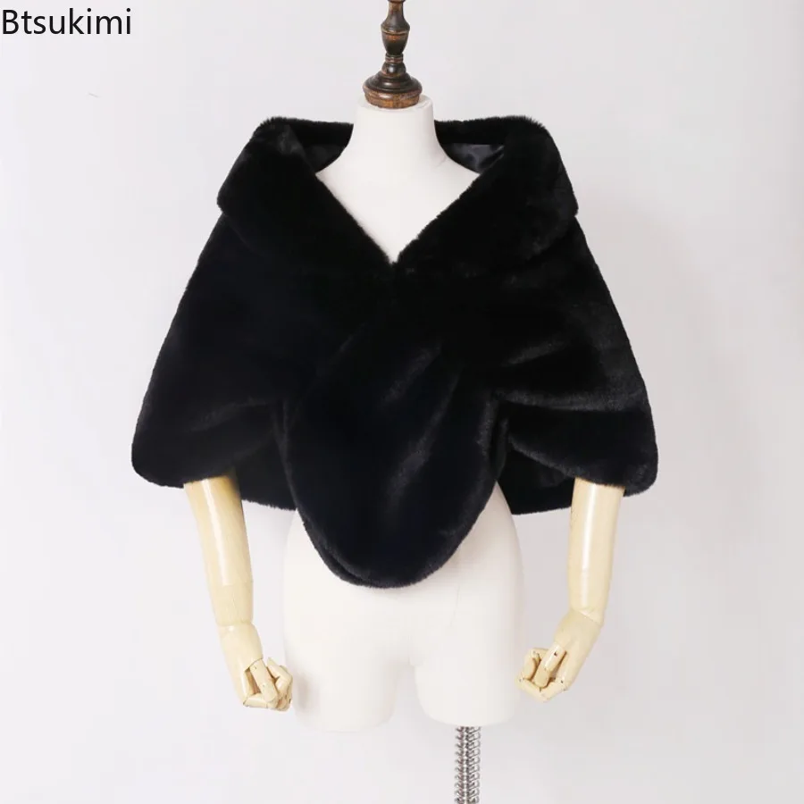 2025 شال فرو صناعي المرأة فستان الزفاف كيب الخريف والشتاء الدافئة تقليد الأرنب الفراء التفاف الزفاف مساء غطاء الكتف
