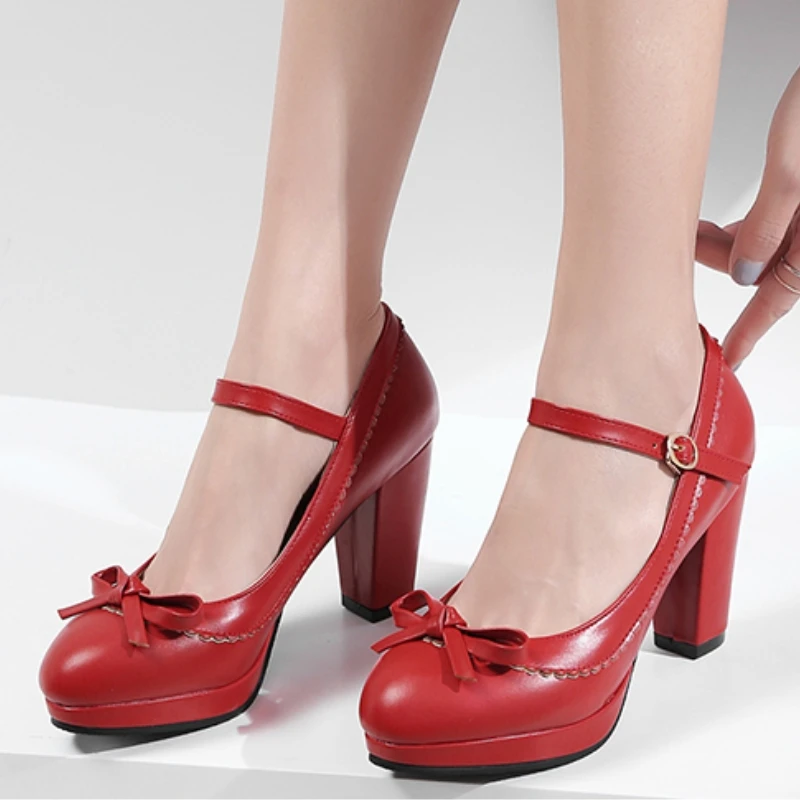 

Милые женские туфли-лодочки на высоком каблуке, большой размер 48, туфли Лолиты Мэри Джейн, синие, черные, красные, розовые офисные свадебные туфли на каблуке для девочек