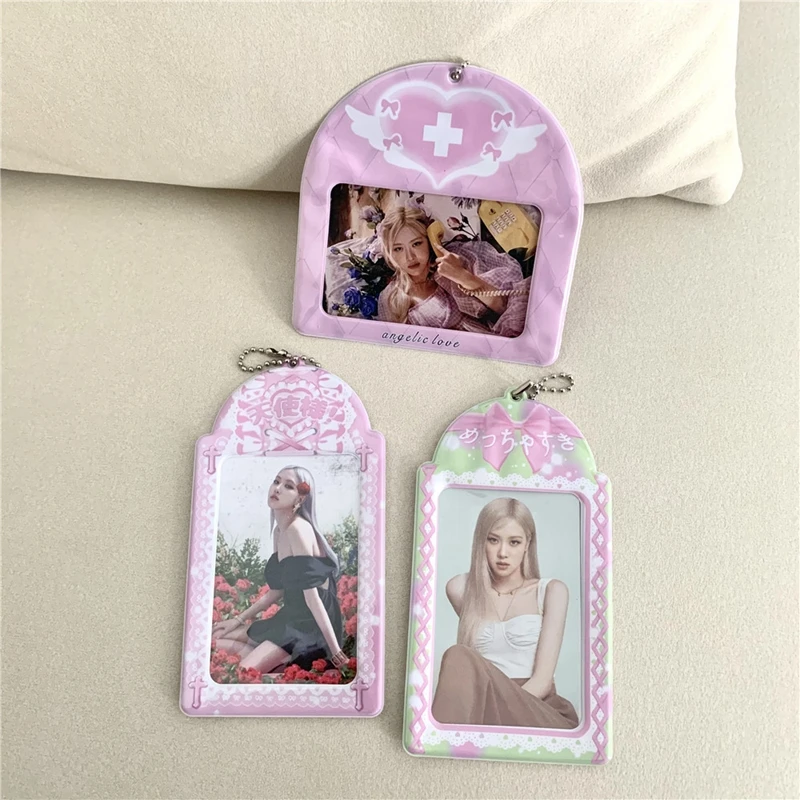 Cute Sweet Lace Bow Kpop Photo Card Holder Idol Photo Protective Display Sleeves Kawaii Stationery Pendant Keychain Gift