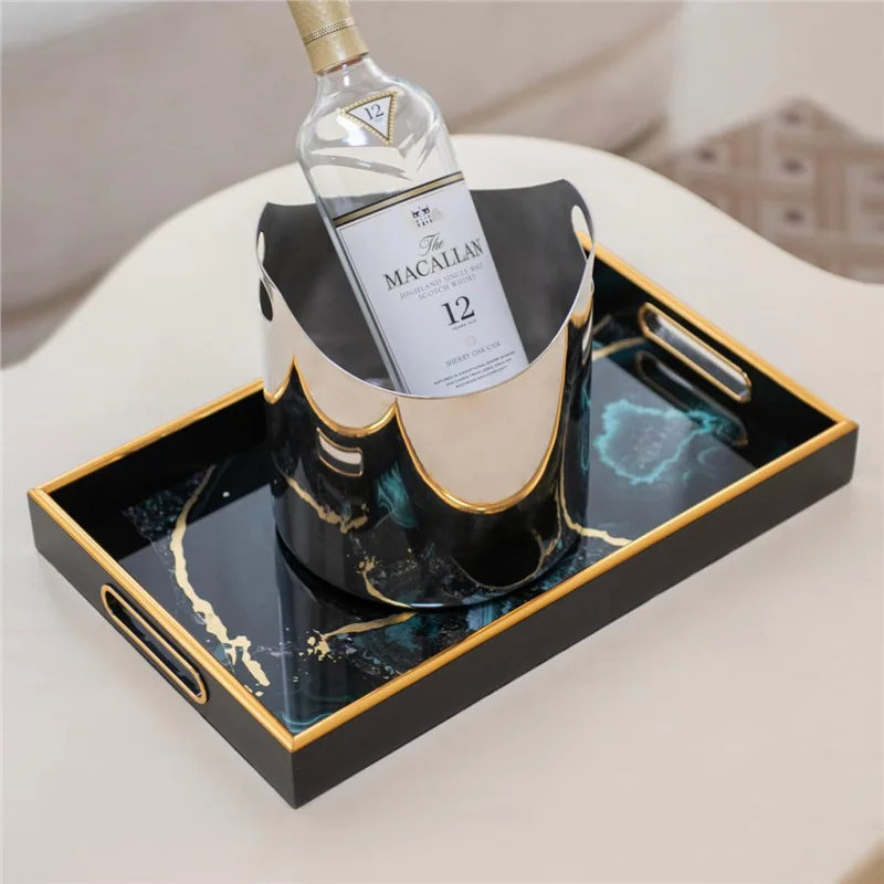 Modern simple black gold edge agate stone pattern rectangular tray, tissue box, high-end home decoration ornament