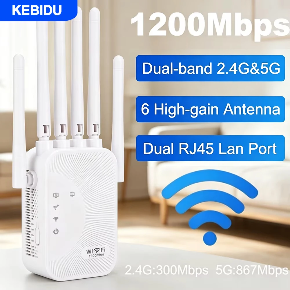 KEBIDU 1200/300Mbps Wifi Repeater Amplifier 2.4G 5G Network Expander Range Extender WiFi Signal Booster Wireless Wi-Fi Router