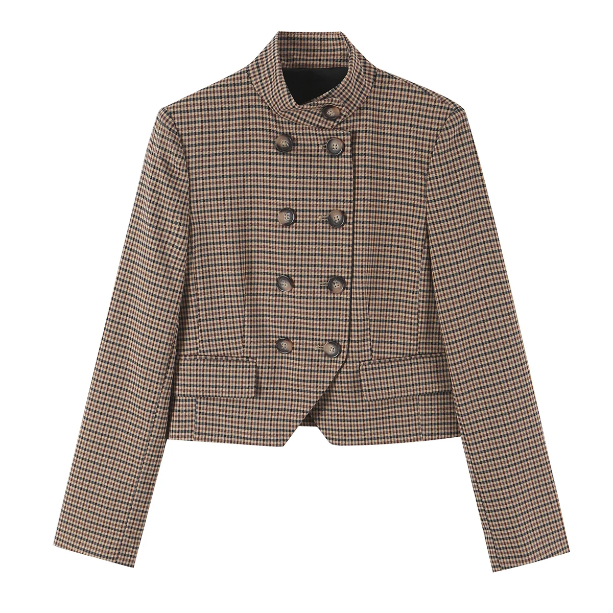 BSAY 2026 Neues Vintage Damen-Karomuster 2-teiliges Outfit mit Stehkragen, doppelreihiger, kurzer Jacke und weitem Hosenbein, lässiger Anzug – Detail 4