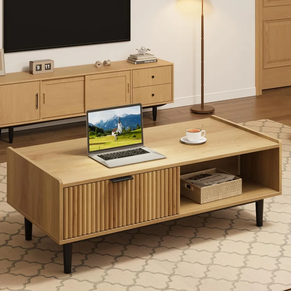 طاولة القهوة 42.5 طاولة مركزية حديثة لمنتصف القرن مع درج طاولة غرفة المعيشة المخددة مع تخزين من الخشب الخفيف #5