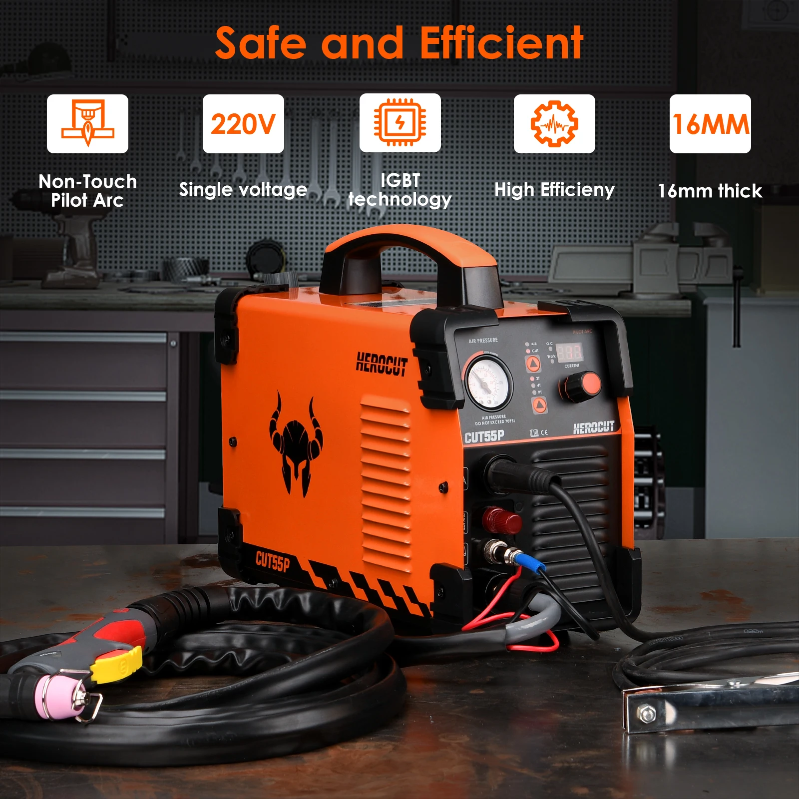 Herocut CUT55P Plasma Cutter, Non-Touch Pilot Arc 50Amp IGBT Inverter Metal Plasma Cutting Machine, Max Cutting Thickness 16mm