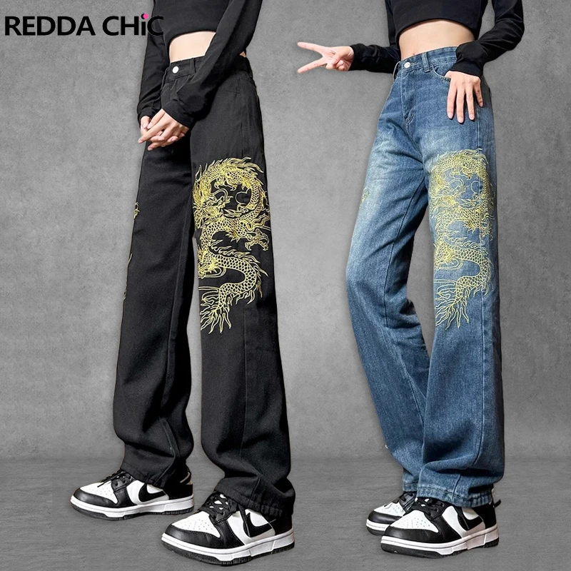 ReddaChic Street Style Embroidered Dragon Women's Jeans Vintage Wash Straight Wide Leg Casual Pants Hiphop Skater 90s Clothes
