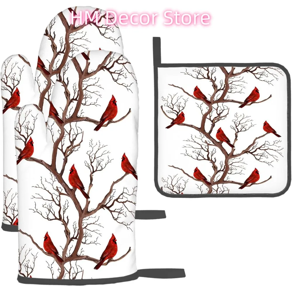 

Зимние рукавицы для духовки Cardinal Birds и держатели для кастрюль, наборы из 3 кухонных подушечек, перчатки для духовки, термостойкие, нескользящие, моющиеся для Coo