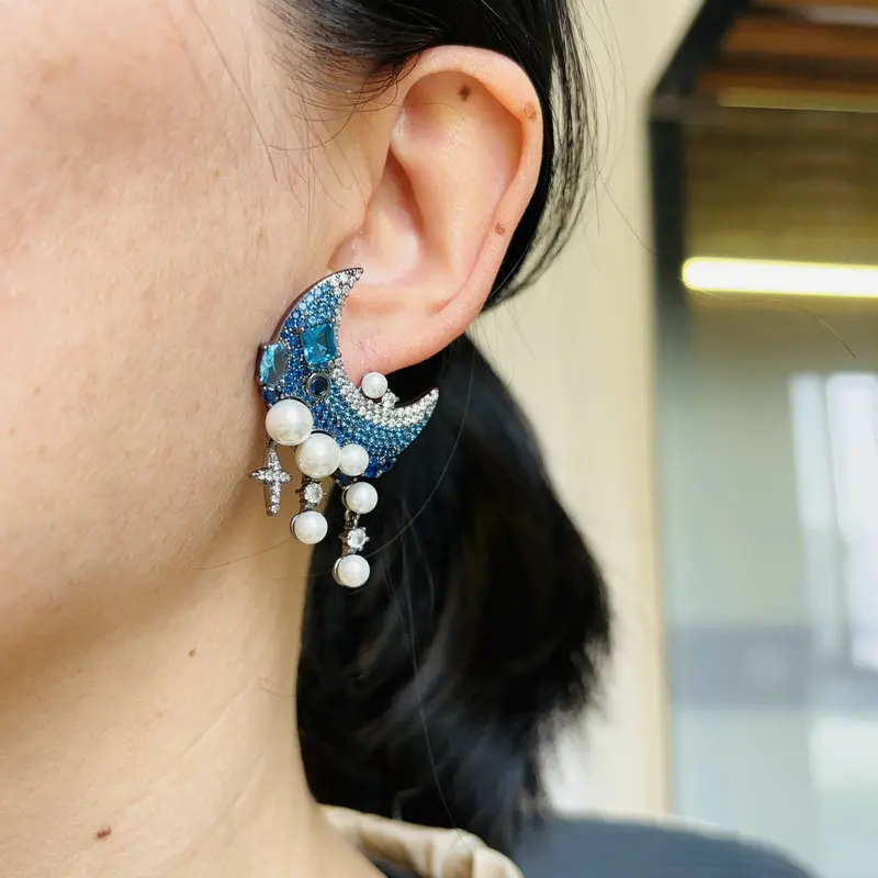 Bilincolor Royal Blue Cubic Zirconia and White Pearl Moon Earring for Women