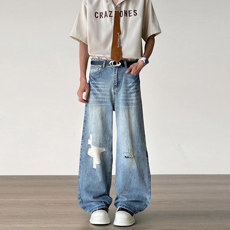 

Niche Design Men's Denim Jeans Washing Back Letter Embroidery Bottom Contrast Color Worn-out Holes Trendy Male Jeans