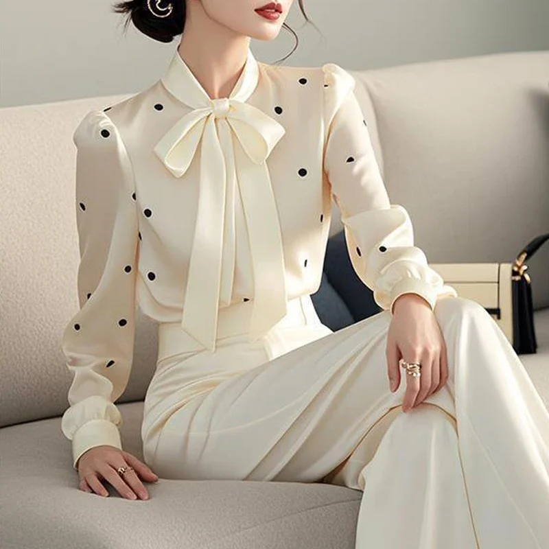 Women Stylish Polka Dots Print Lace-up Bow Blouses Office Lady Elegant Luxury Commute Shirts Spring Autumn Long Sleeve Slim Tops