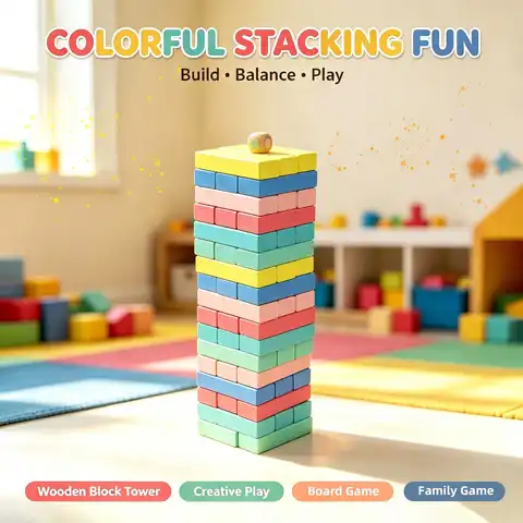 Colorful Numbered Wooden Tumbling Tower Stacking Blocks Game, Montessori Balance Puzzle Toy,Family Party Board Game for Kids Adults,Improve Hand‑Eye Coordination,Birthday Christmas Halloween Gift for Ages 3+