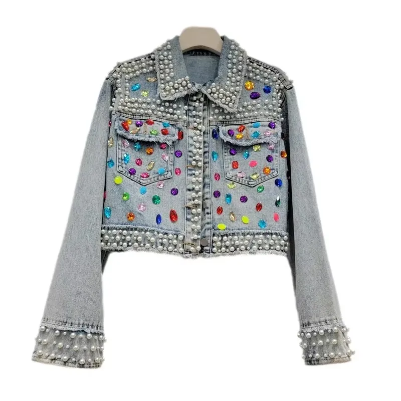 Spring Women Pearl Beaded Diamond Frayed Burrs Light Blue Jean Jacket Fashion Lapel Long Sleeve Denim Coat Female Chaqueta Mujer