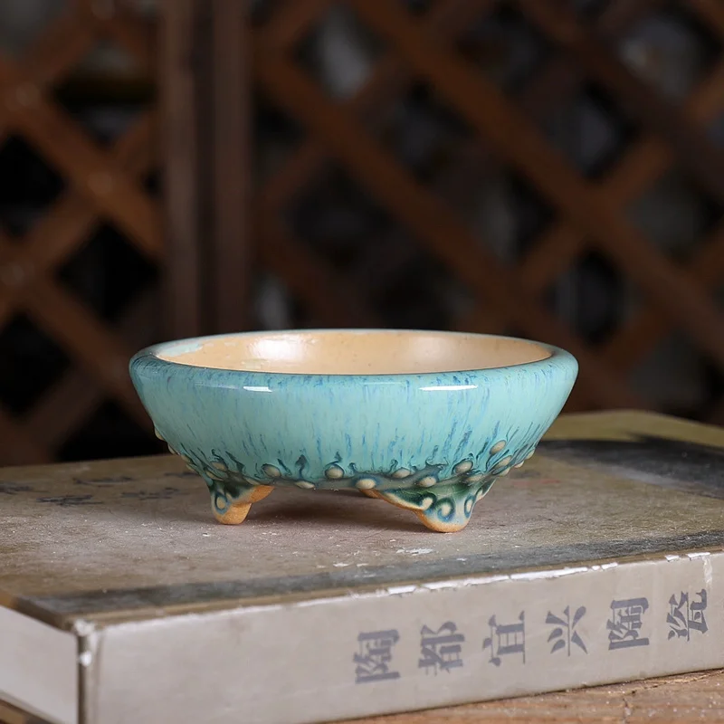 Porcelain  Colorful Drum-nail Pattern Glazed Round  Bonsai Pot Tradition Chinese Garden Decoration