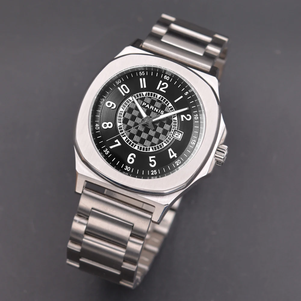 Fashion Parnis 42MM Black Dial Mechanical Automatic Men Watch Sapphire Crystal Calendar Wristwatches For Men reloj hombre Clock