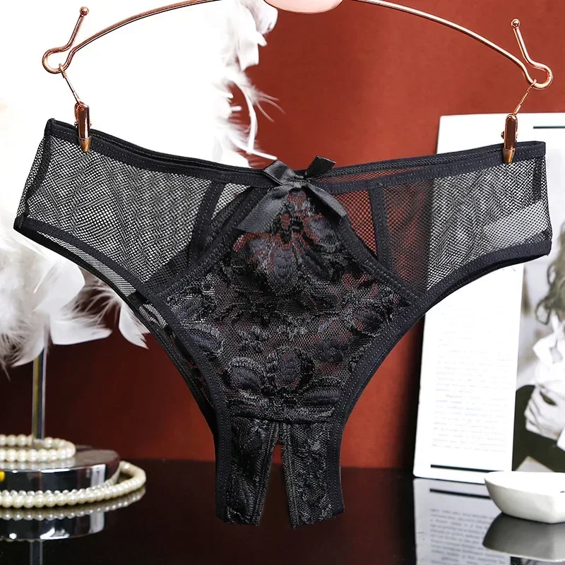 Low Womens Briefs Underpants Open Crotch Lace Underwear Waist Panties Transparent G-Strings Thongs Solid Bowknot Lace Underwear