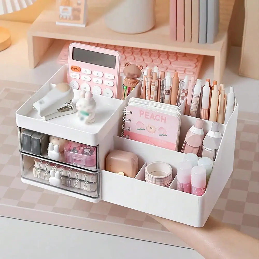 

1pc White 2-Layer Drawer Desk Organizer With Pen Holder & Cute Rabbit Handle, Multi-Functional Storage Box For Stationery Or Cosmetics - Easter, Back To School Season Decor (Spring Classroom, Office, Back To School Essentials) Desk Office Supplies Office