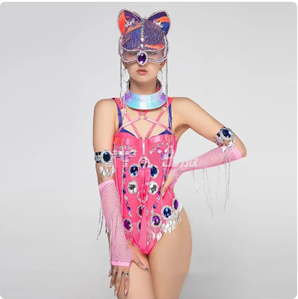 

Sexy Rhinestones Pink Bodysuit Headdress Pole Dance Costume Drag Show Clothing Nightclub Gogo Dancer Clothes Rave Outfit