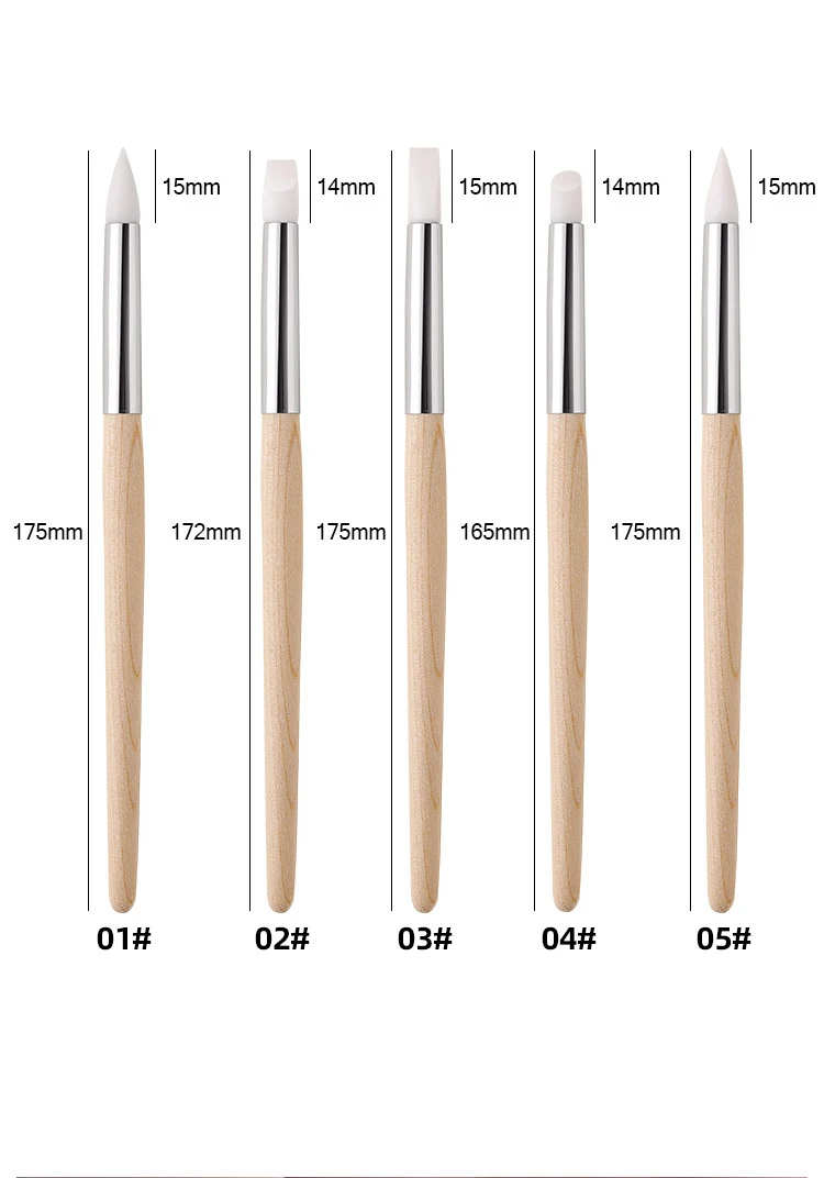 5Pcs Silicone Nail Art Sculpture Carving Pen Brush Set Flexible Tips Wooden Rod Embossing Clay Craft DIY Jewelry Making Tools