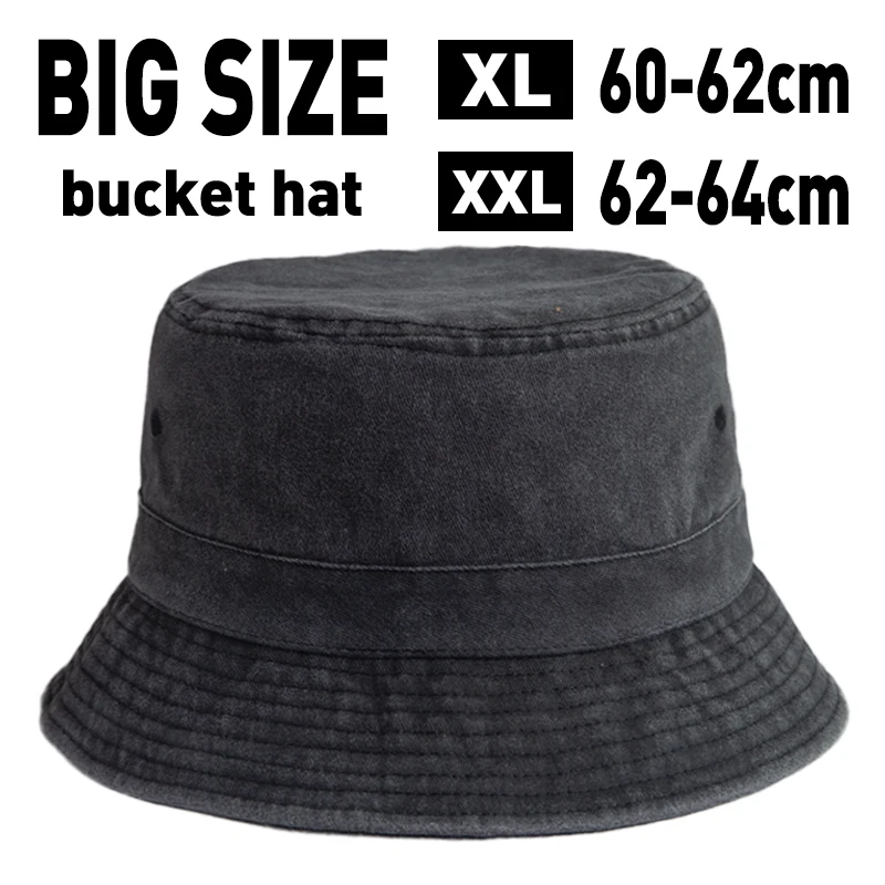 XL XXL Big Size Men's Bucket Hat 60-64cm Oversized Large Head Fit Washed Denim Fisherman Hat Removable Chin Strap Outdoor Street