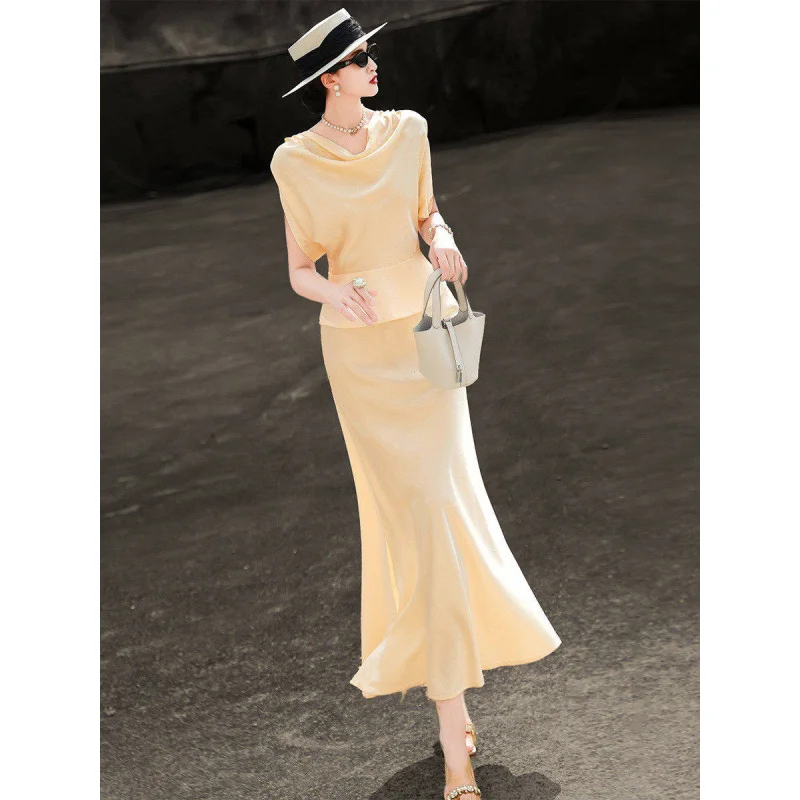 MEXCOCO 2026 New Summer Elegant Draped Cowl Neck Cap Sleeve Satin Top Mermaid Long Skirt 2 Piece Outfit Set