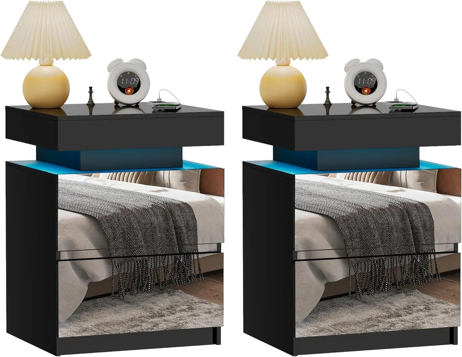 LED Nightstand Set Of 2 With Motion Sensor & USB Type-C, Black, Customized
